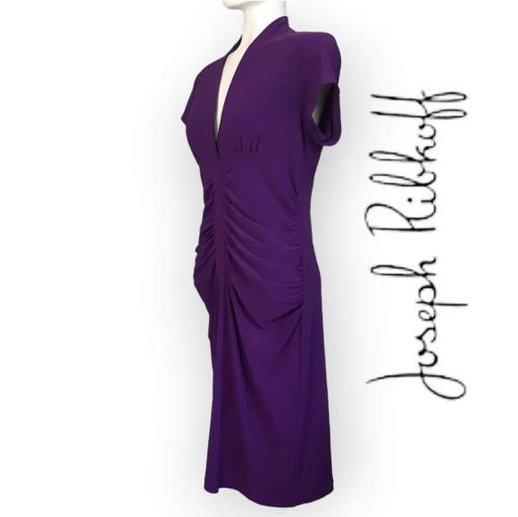 Joseph Ribkoff purple stretchy rouched front vneck short sleeve zip dress 12 - Picture 3 of 10